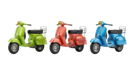 Colorful vintage scooters lined up in a row with vibrant hues on a transparent background