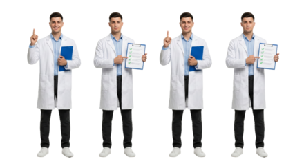 Multiple medical professionals in white coats holding documents and gesturing with one finger