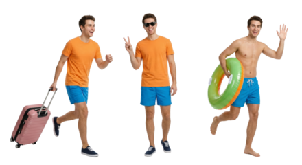 Playful young men enjoying vacation activities with colorful swim ring isolated transparent