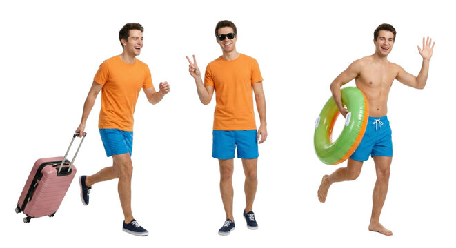 Playful young men enjoying vacation activities with colorful swim ring isolated transparent