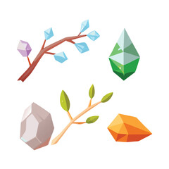 Low Poly Fantasy Nature Element Set with Crystal and Rock