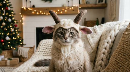 A cute cat in a goat costume in a cozy Christmas-decorated interior