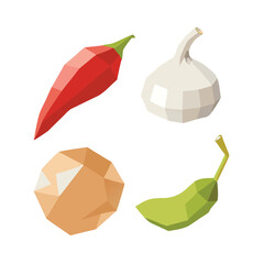 Low Poly Vegetable and Fruit Vector Set with Garlic and Chili