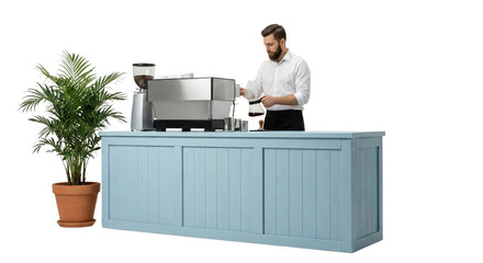 modern man preparing coffee at stylish blue counter with large plant isolated transparent background