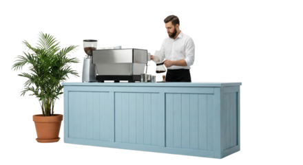 modern man preparing coffee at stylish blue counter with large plant isolated transparent background