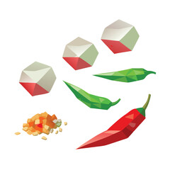 Low Poly Food Ingredient Vector Set with Chili and Cheese