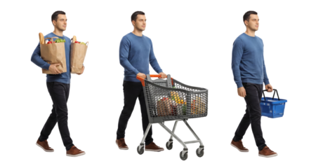 sequence of men shopping with groceries and shopping carts isolated on transparent background