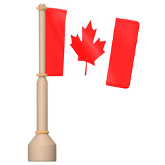 The Canada flag on a wooden pole with a rope 3D Icon Illustration. Low Poly Style.