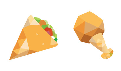 Low Poly Fast Food Vector Illustration with Pizza and Chicken