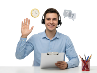 professional call center agent with headset engaging in customer service isolated on transparent