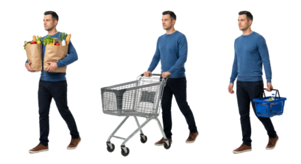 sequence of a man shopping with different bags and carrying a shopping cart isolated on