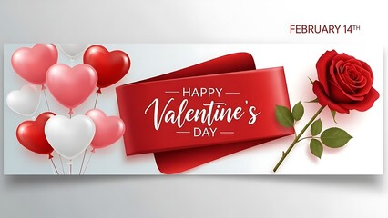 Greeting banner featuring an elegant red rose, a prominent red ribbon with the phrase 'happy day', and a cluster of red, pink, and white heart balloons
