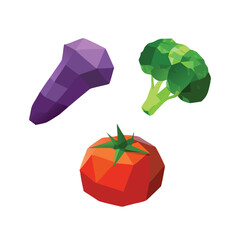 Low Poly Fresh Vegetable Vector Set with Tomato and Broccoli
