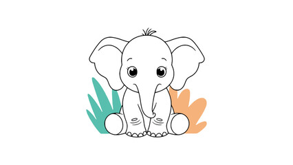 Fototapeta premium A cute baby elephant sits in front of colorful leaves.