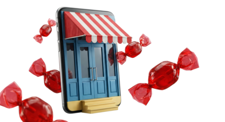 creative smartphone with miniature storefront featuring candy themed elements isolated transparent