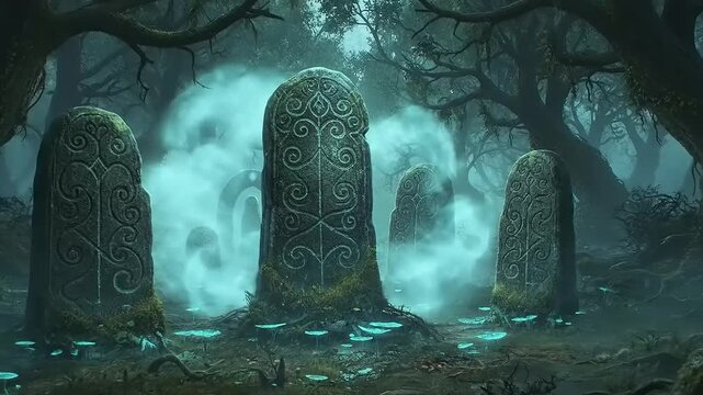 Mystical ancient stone circle in a glowing forest.