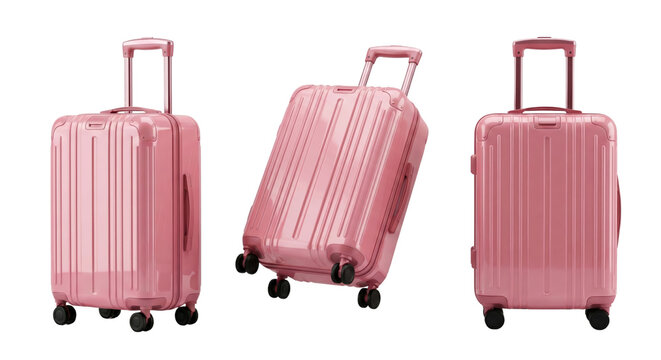 set of three pink hard-shell rolling suitcases with telescoping handles isolated on a transparent