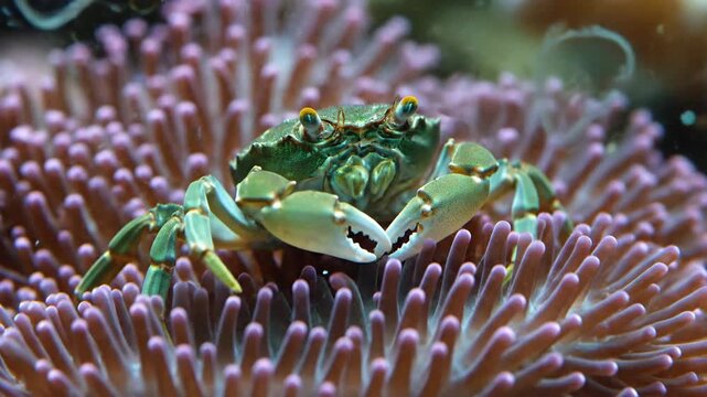 Green crab sitting on anemone with vibrant colors in aquatic environment.