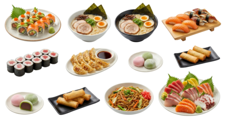 Assorted Japanese Sushi and Noodle Dishes with Fresh Ingredients on Isolated Transparent Background