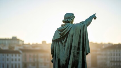 Fototapeta premium A statue of a man pointing towards the city skyline at sunset