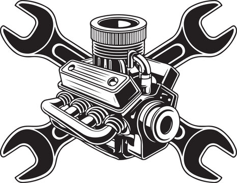 Automotive engine crossed with large wrenches symbolizing repair service and mechanical skill