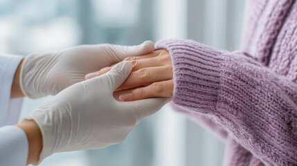 Medical professional in white gloves examining a patient's hand. Represents clinical diagnosis and treatment of rheumatoid arthritis in a hospital