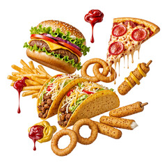 Floating Fast Food Feast Burger Pizza Tacos Fries and More