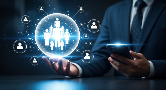 A businessman shows a digital human network glowing on his palm with a smartphone. - Powered by Adobe