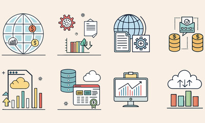 Business and Data Icons &ndash; Analytics, Cloud Computing, Finance & Customer Service Illustrations