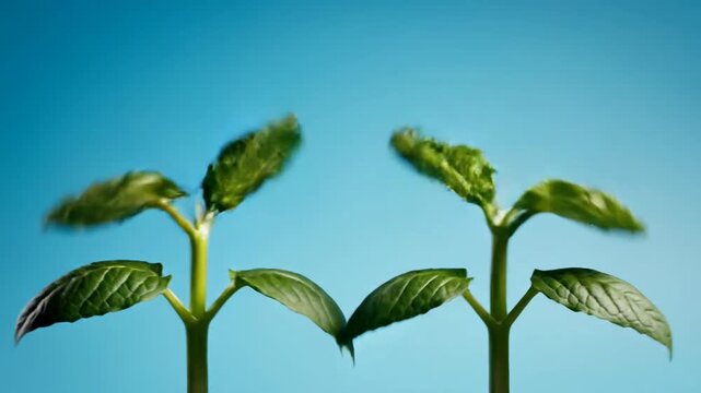 A pair of fresh green sprouts symbolizing new beginnings, growth, and sustainable partnership against a vibrant blue background