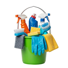 Bucket full of various household cleaning supplies and tools