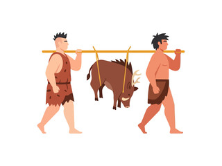 Vector illustration two cavemen are carrying a wild boar they hunted