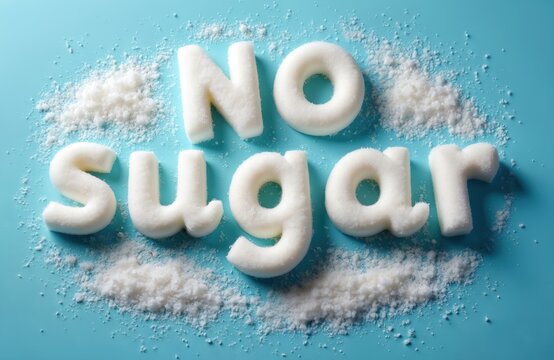White sugar letters spell NO SUGAR on bright blue backdrop with scattered sugar granules. Minimalist design communicates healthy eating choices and sugar reduction awareness.