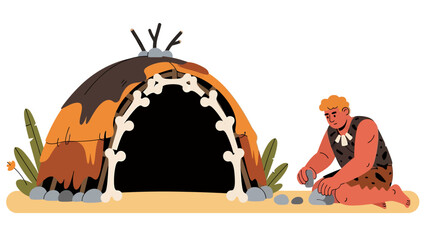 The caveman is building a house, vector illustration design