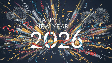 A vibrant and festive New Year's Eve celebration with colorful confetti and fireworks on a dark background with a Happy New Year 2026 message