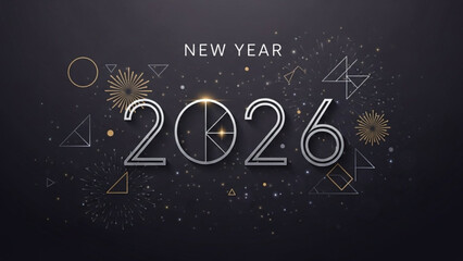 New year 2026 celebration graphic design with geometric shapes and fireworks on dark background