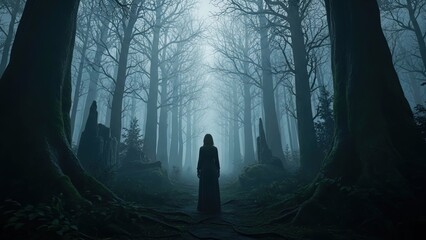A solitary cloaked figure stands on a dark, misty forest path, surrounded by tall, bare trees in an eerie atmosphere.