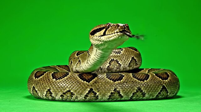 Close-up of a coiled python snake with its tongue flicking on a vibrant green background.