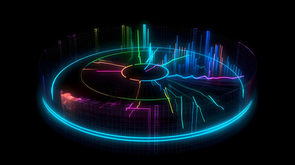 Vibrant Neon Circular Data Visualization: Glowing Bars and Lines on Dark Grid, Digital Information Flow.