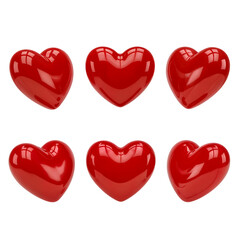Six Glossy Red 3D Hearts on Transparent Background