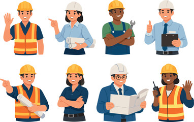 Diverse construction professionals in various poses and actions