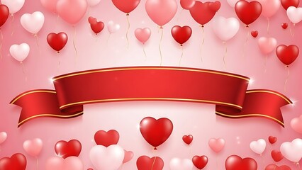Pink background with floating heart balloons and a horizontal red ribbon banner with golden outlines for special occasion greetings or announcements