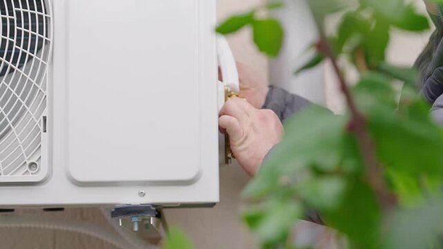 HVAC technician installing outdoor air conditioner unit near garden plants, connecting pipes and wiring. Neutral tones, service video frame about home cooling setup