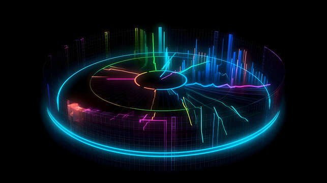 Vibrant Neon Circular Data Visualization: Glowing Bars and Lines on Dark Grid, Digital Information Flow. - Powered by Adobe