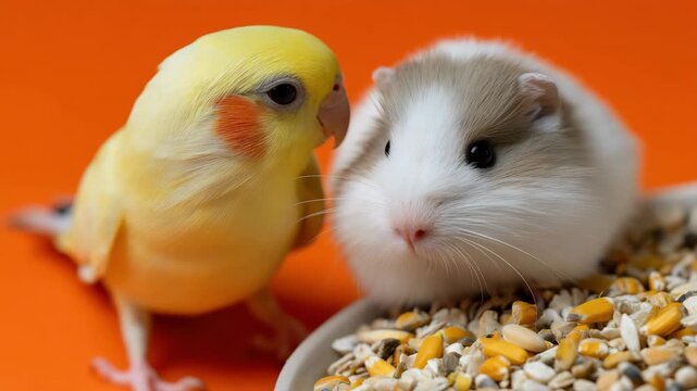 Curious parakeet interacting with adorable hamster on vibrant orange background