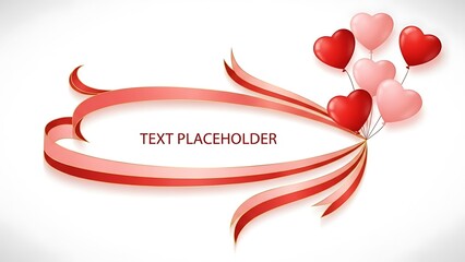 Decorative banner featuring an elegant red and pink ribbon frame with ample copy space, accompanied by a cluster of heart balloons