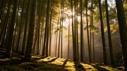 Sun Rays Penetrating Deep Forest Trees
