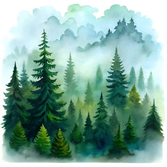 Fototapeta premium Oil Painting for Wall Art Misty Watercolor Forest: Serene Evergreen Landscape Illustration