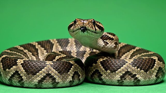 Close-up of a coiled rattlesnake with its tongue flicking out against a green background.