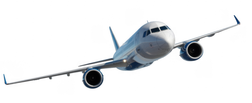 White airplane flying in the sky aircraft transportation isolated on a transparent background - Powered by Adobe